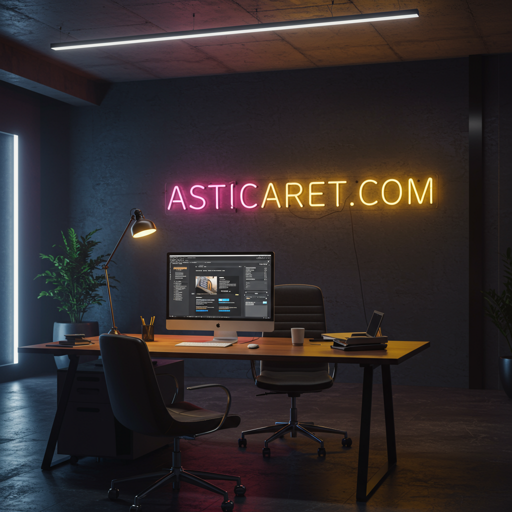 [Asticaret.com için neon tabela bulunan modern ofis görseli]